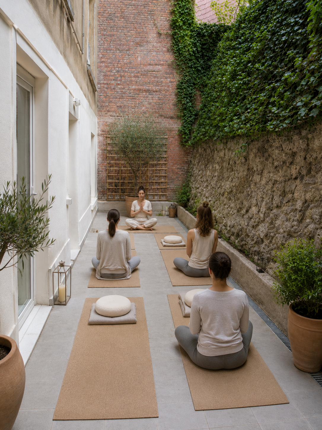 Méditation en cercle dans un patio verdoyant